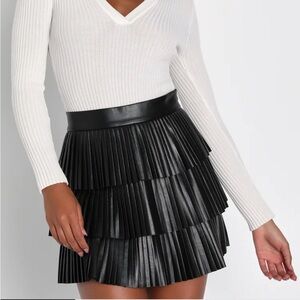 Bold Charm Black Vegan Leather Pleated Tiered Mini Skirt - Medium